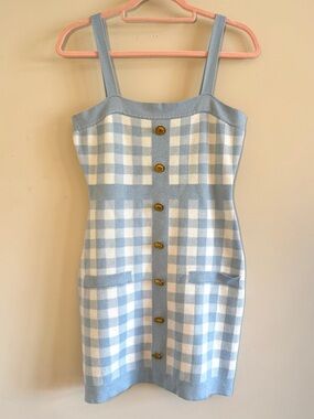 Boutique Light Blue Gingham Knit Dress Gold Button Front Preppy Midi M